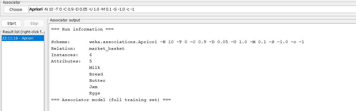 Implement Apriori Algorithm in WEKA output screenshot 1