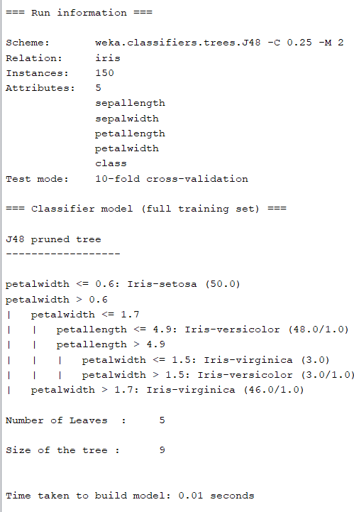 Implement Decision Tree Classifier Using J48 (C4.5) in WEKA output screenshot 1