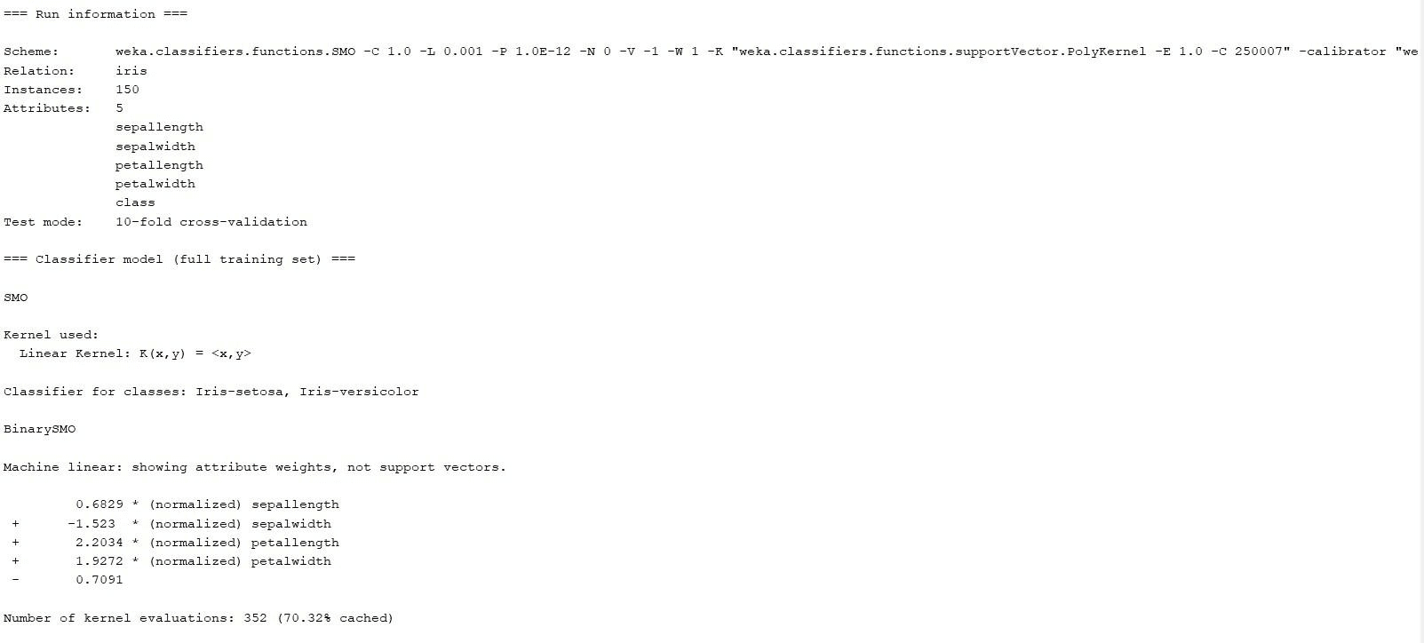 Support Vector Machine (SVM) Classifier Using WEKA output screenshot 1