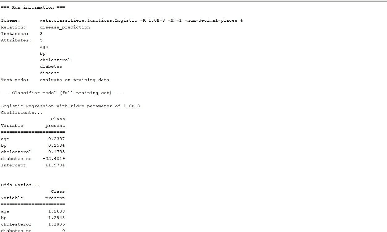 Disease Prediction Using WEKA (Logistic Regression) output screenshot 1
