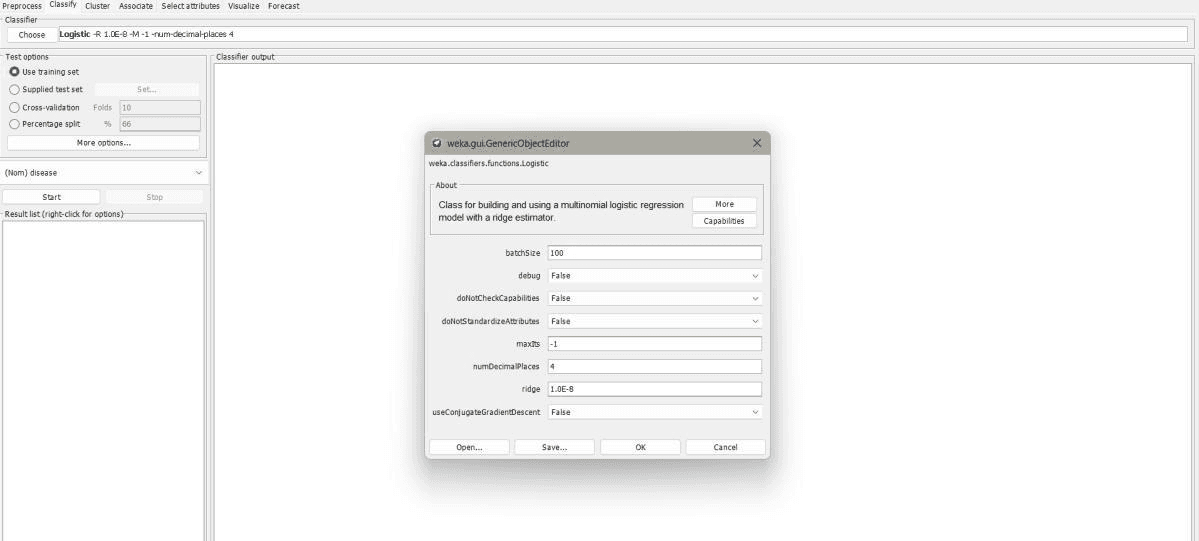 Disease Prediction Using WEKA (Logistic Regression) output screenshot 2