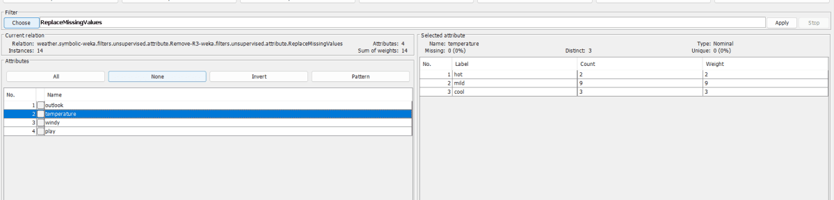 Data Preprocessing in WEKA output screenshot 1