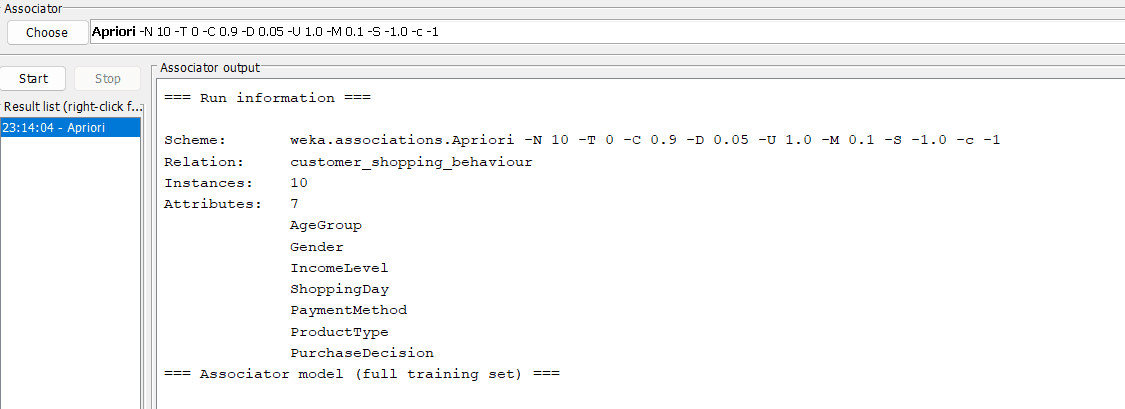 Constraint-Based Association Rule Mining in WEKA output screenshot 1